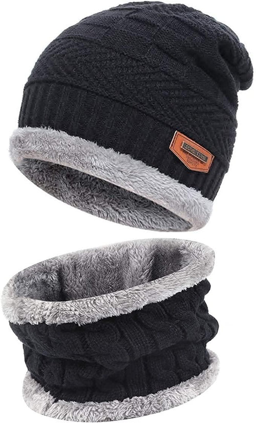 Mens Womens Winter Beanie Hat Scarf Set Warm Knit Hat Thick Fleece