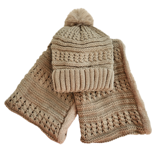 Women’s Cable Knit Hat & Infinity Scarf Set – Fuzzy Lined Winter