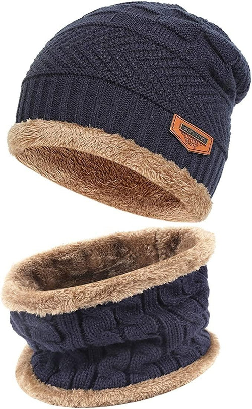 Mens Womens Winter Beanie Hat Scarf Set Warm Knit Hat Thick Fleece
