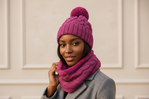 Women’s Cable Knit Hat & Infinity Scarf Set – Fuzzy Lined Winter